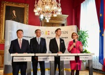 Pressekonferenz im Anschluss an die Landeshauptleute-Konferenz: Bürgermeister Michael Ludwig, Landeshauptmann Peter Kaiser, Bundesminister Gernot Blümel, Landeshauptfrau Johanna Mikl-Leitner.